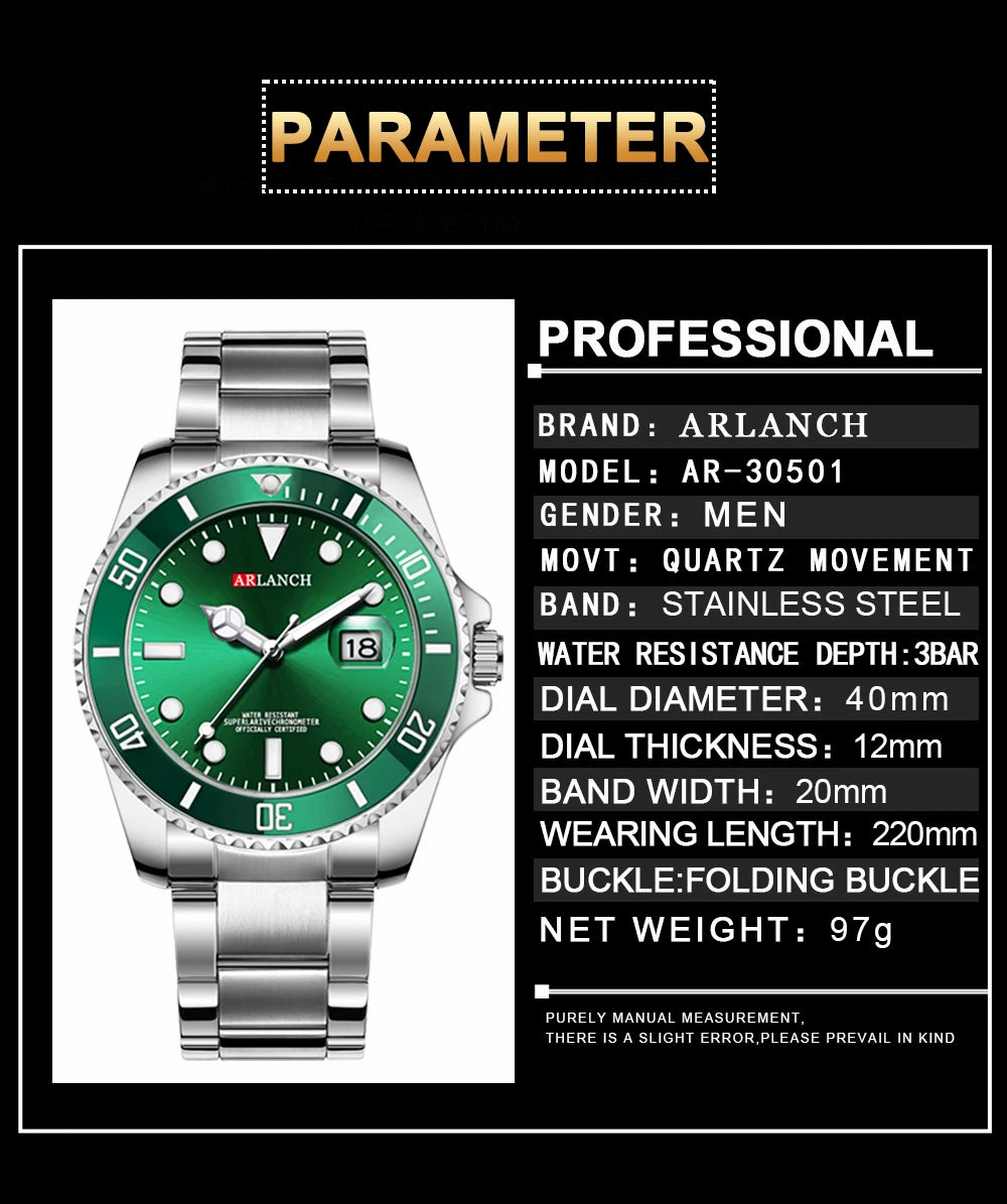 ARLANCH Quartz Steel Watch Luminous