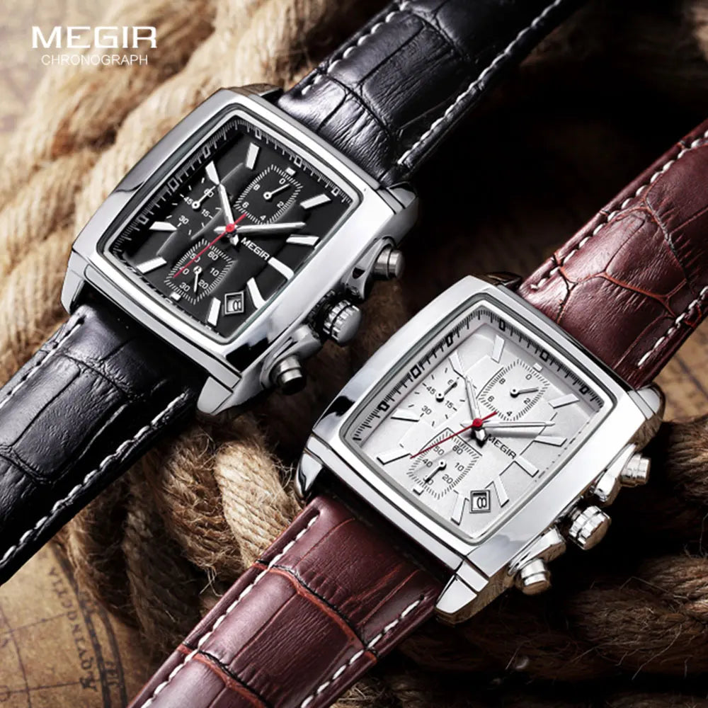 Megir Rectangle Dial Leather Strap Watch