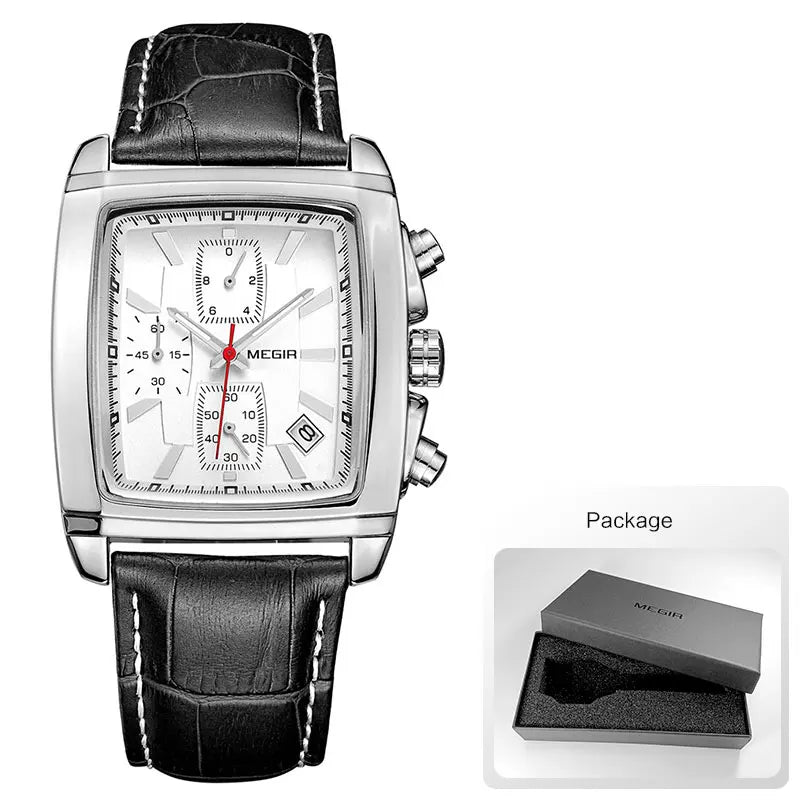 Megir Rectangle Dial Leather Strap Watch