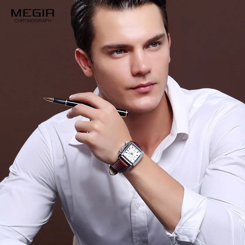 Megir Rectangle Dial Leather Strap Watch
