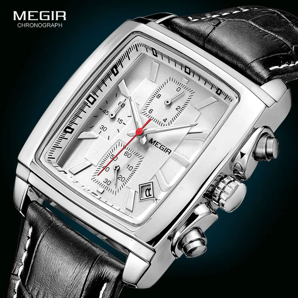 Megir Rectangle Dial Leather Strap Watch