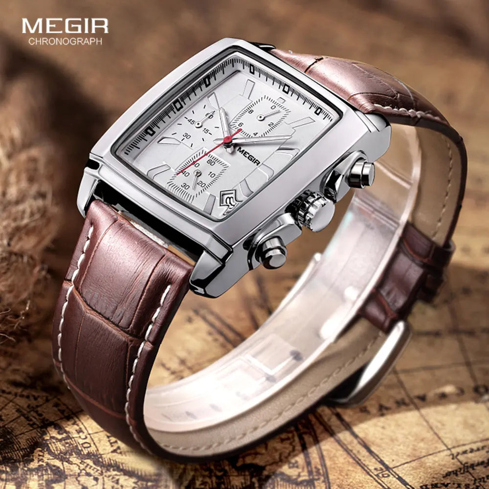 Megir Rectangle Dial Leather Strap Watch